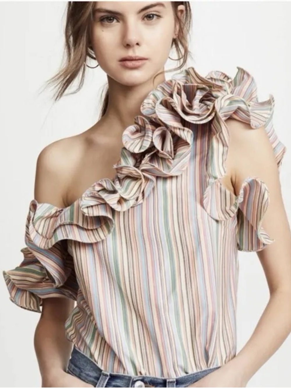 Petersyn Cotton One Shoulder Multi Color Stripe Top Arabella Sunset Size S